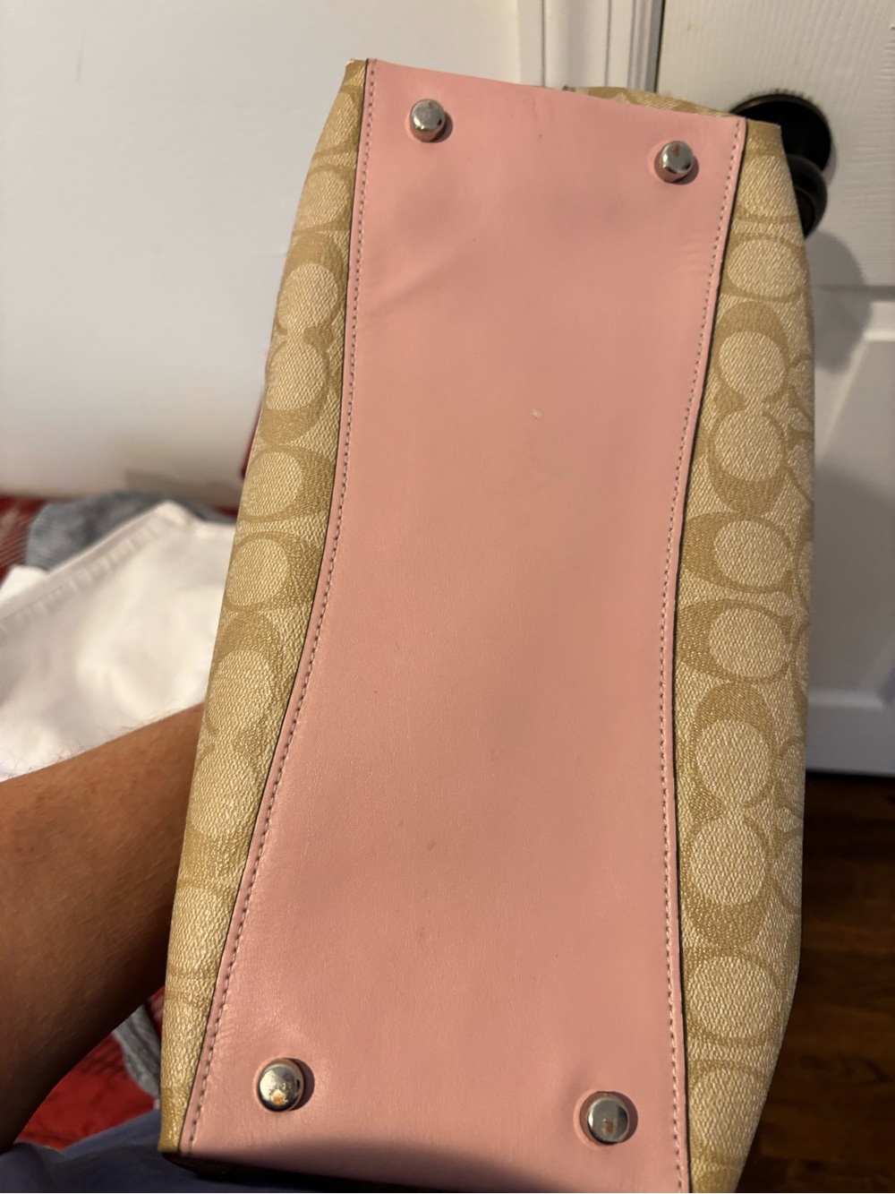 COACH Emma Signature Canvas Satchel with Pink Leather Trim Mint - Picture 6 of 9
